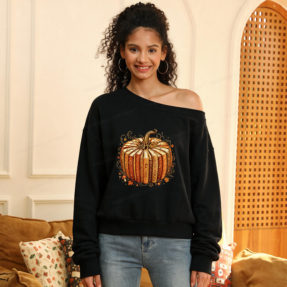 Pagewings Fall Book Pumpkin Women Off Shoulder Sweatshirt