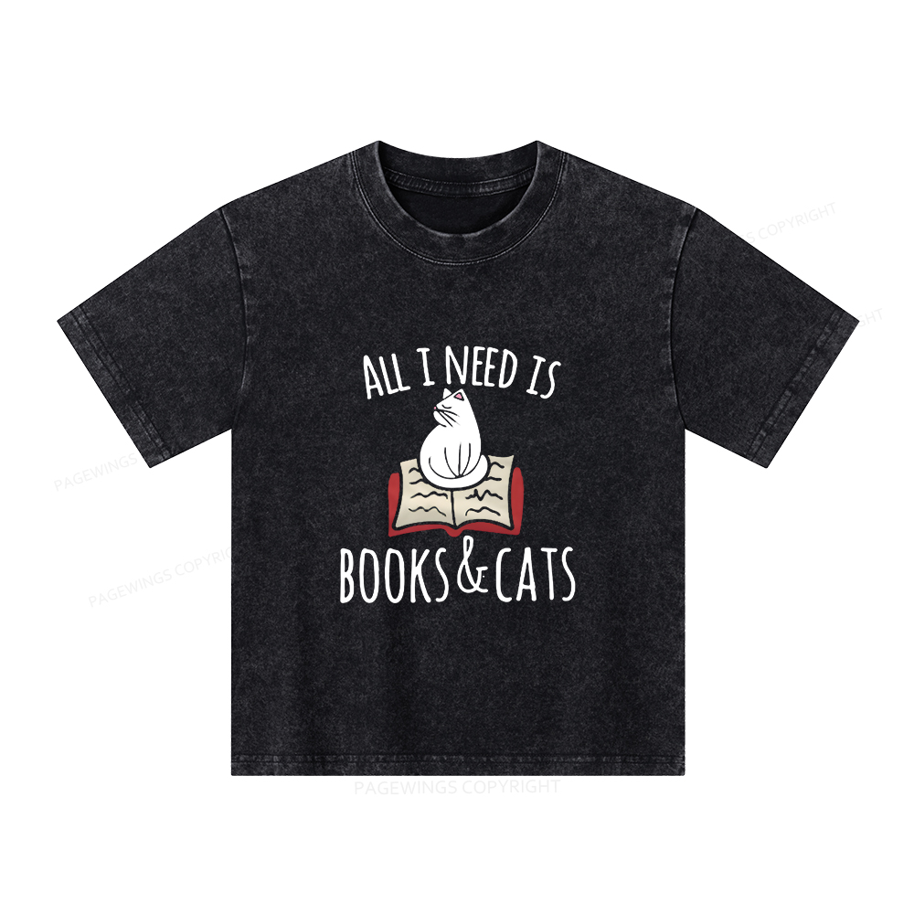 Pagewings All I Need Is Book & Cat Unisex Kids Washed T-shirt