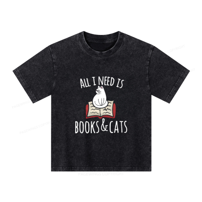 Pagewings All I Need Is Book & Cat Unisex Kids Washed T-shirt