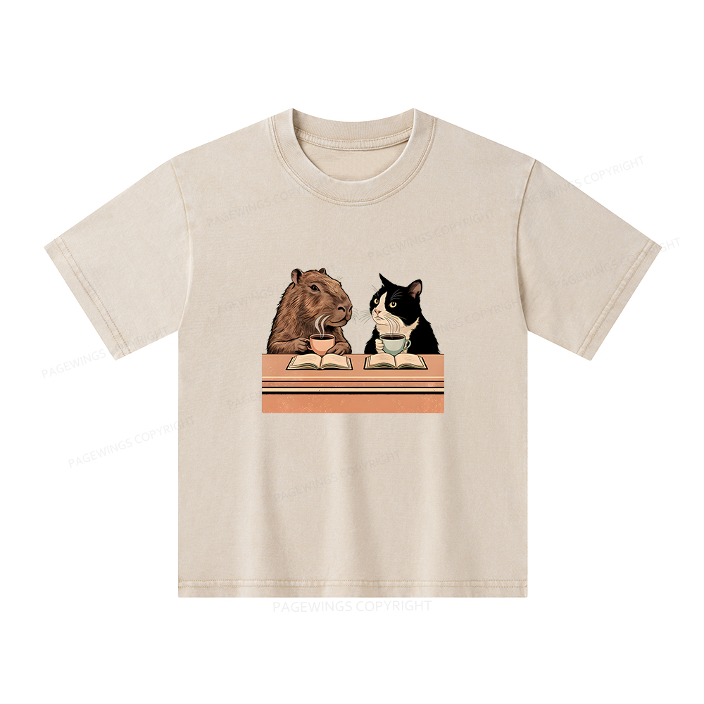 Pagewings Capybara and Tuxedo Cat Chilling with Coffee Unisex Kids Washed T-shirt