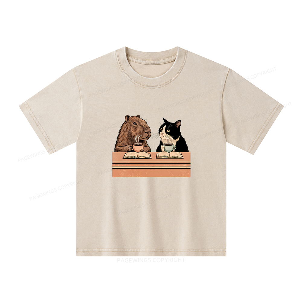 Pagewings Capybara and Tuxedo Cat Chilling with Coffee Unisex Kids Washed T-shirt