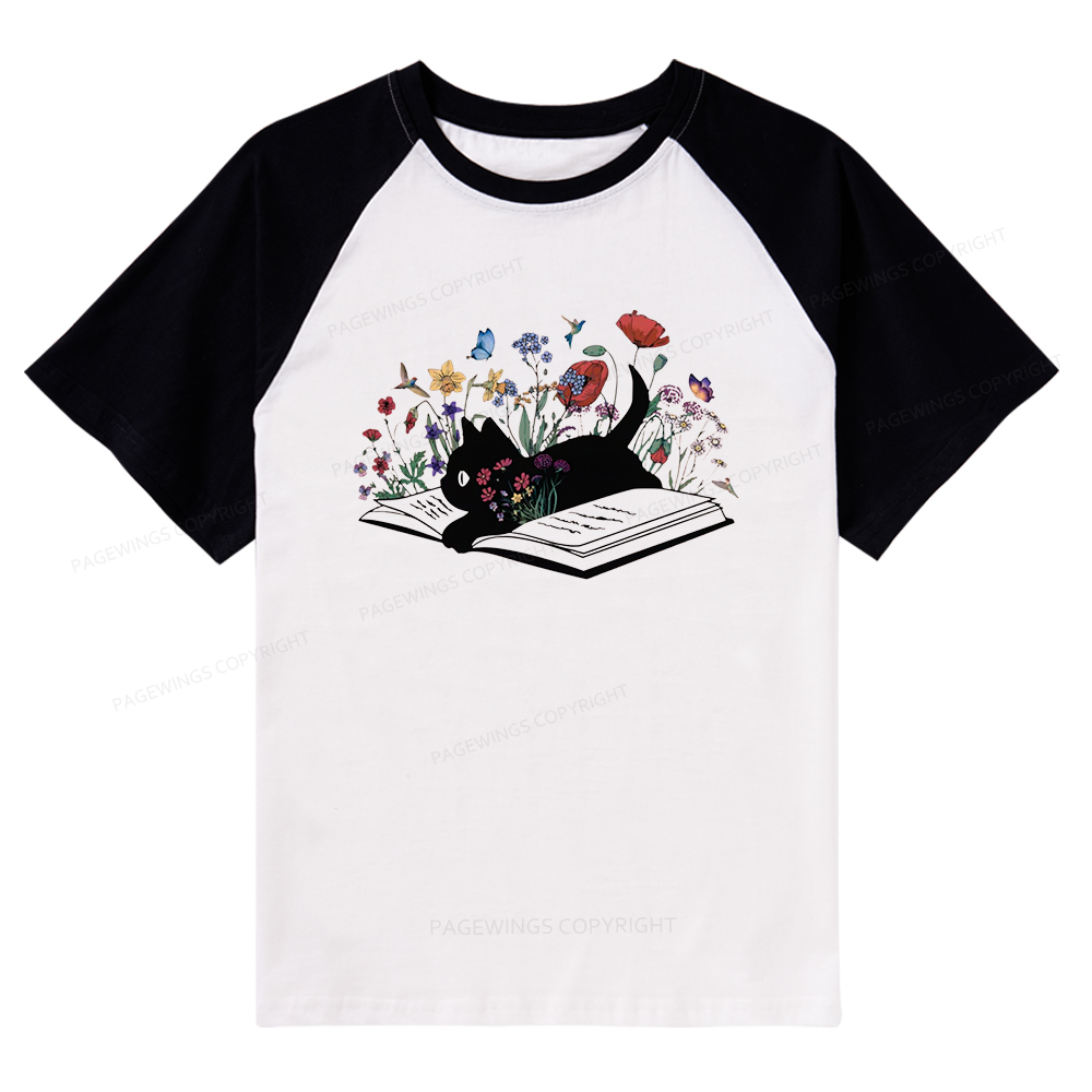Pagewings Cute Book Cat Raglan T-shirt
