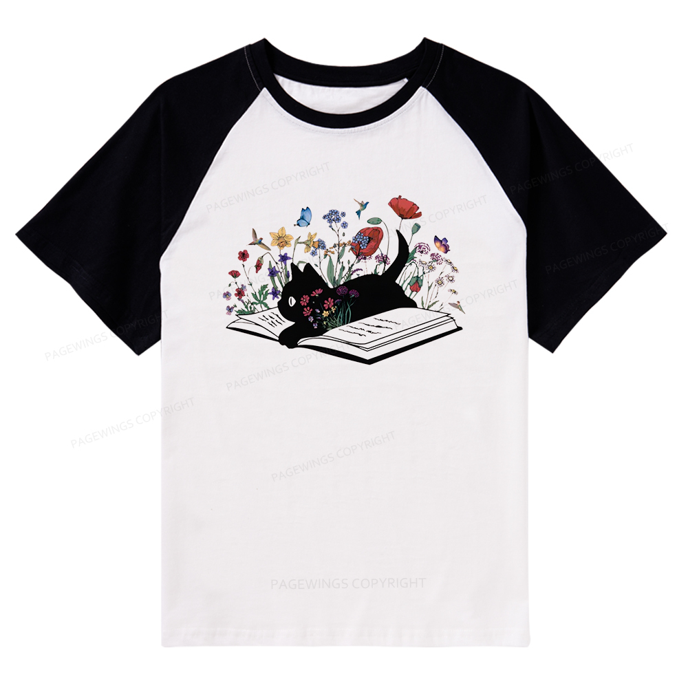 Pagewings Cute Book Cat Raglan T-shirt