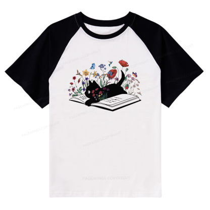 Pagewings Cute Book Cat Raglan T-shirt