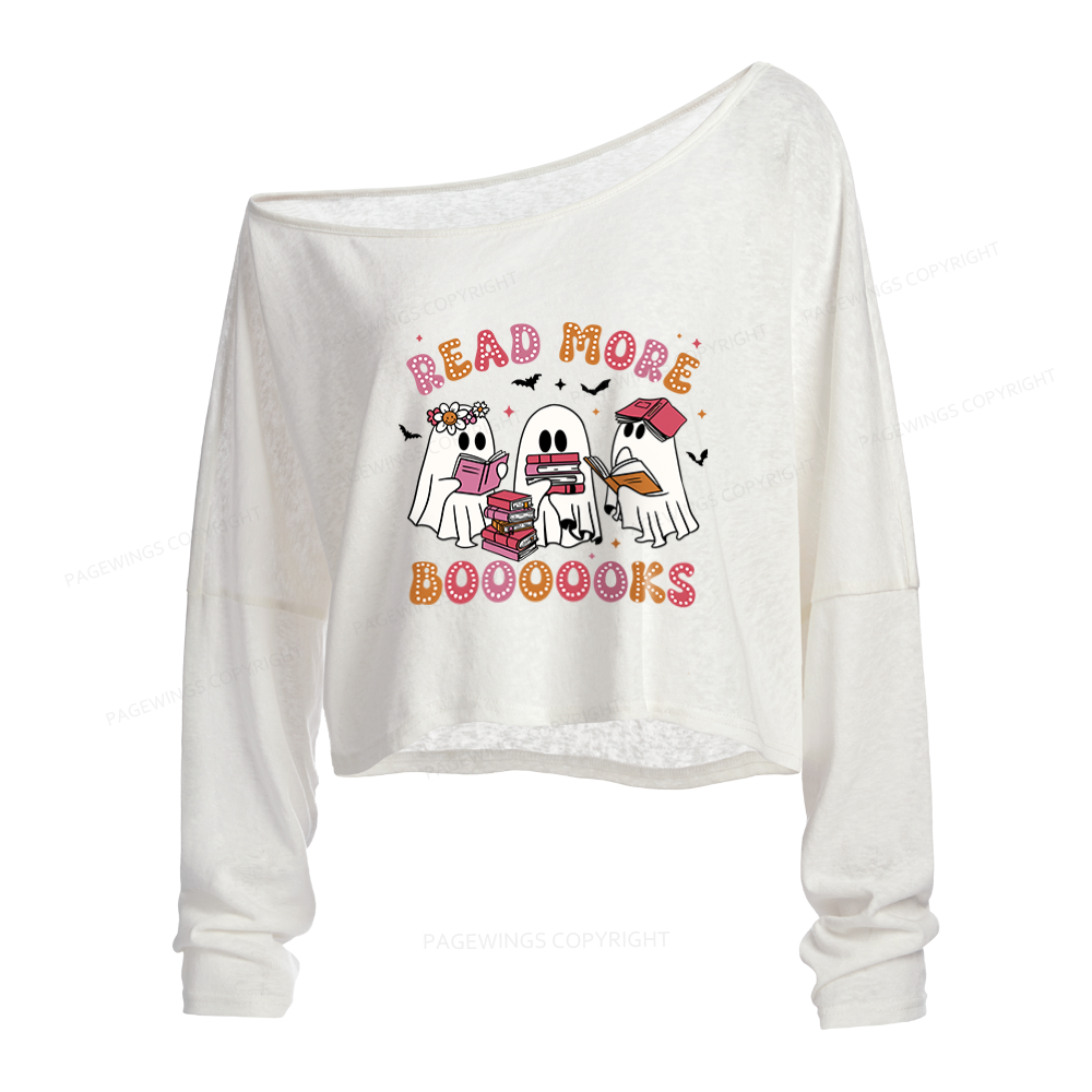 Pagewings Cute Ghost Book Read More Books Slouchy Long Sleeve Off Shoulder T-shirt