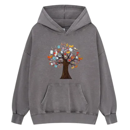 Pagewings Book Tree Vintage Graphic Unisex Washed Hoodie