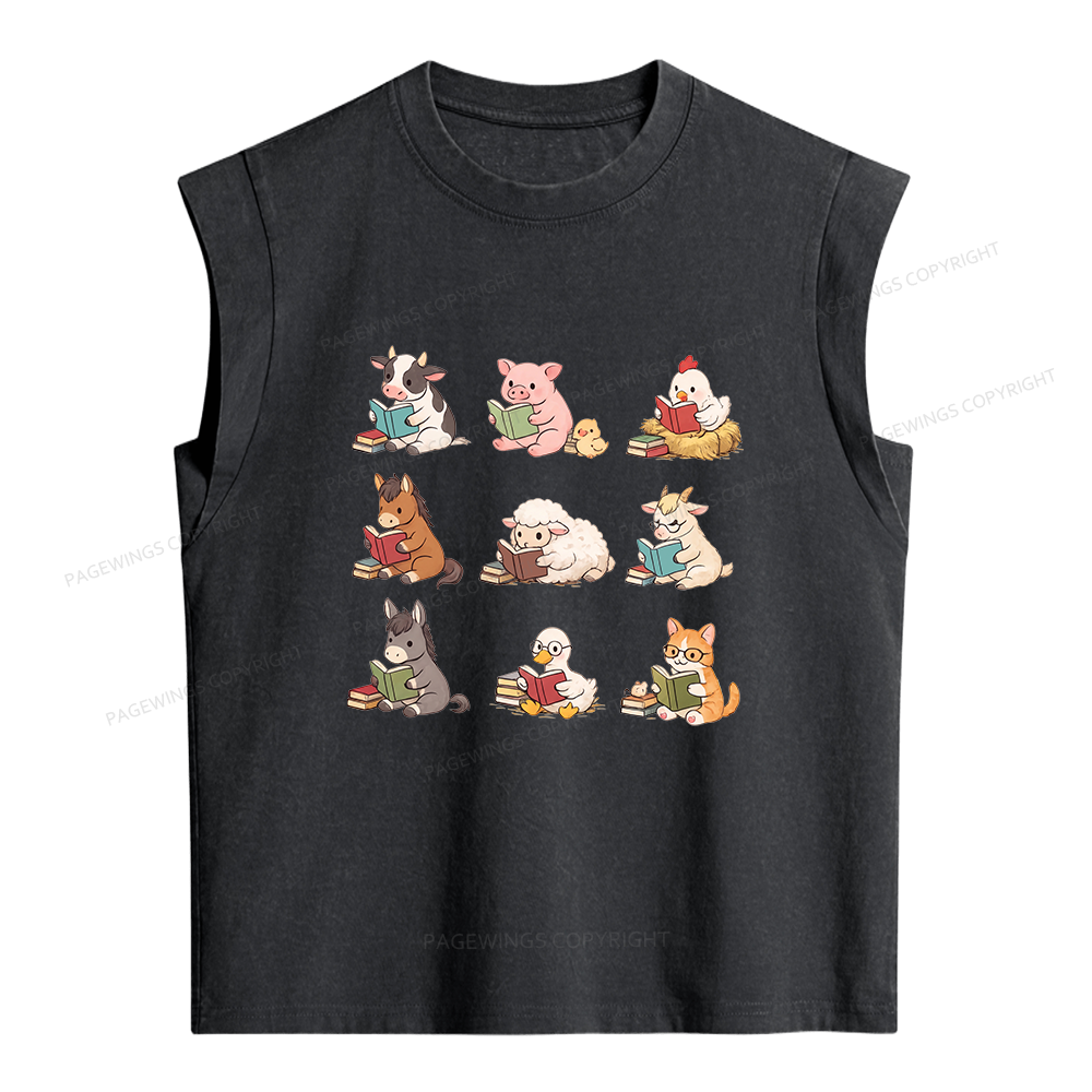 Pagewing Farm Animals Reading Women's Washed Tank Top