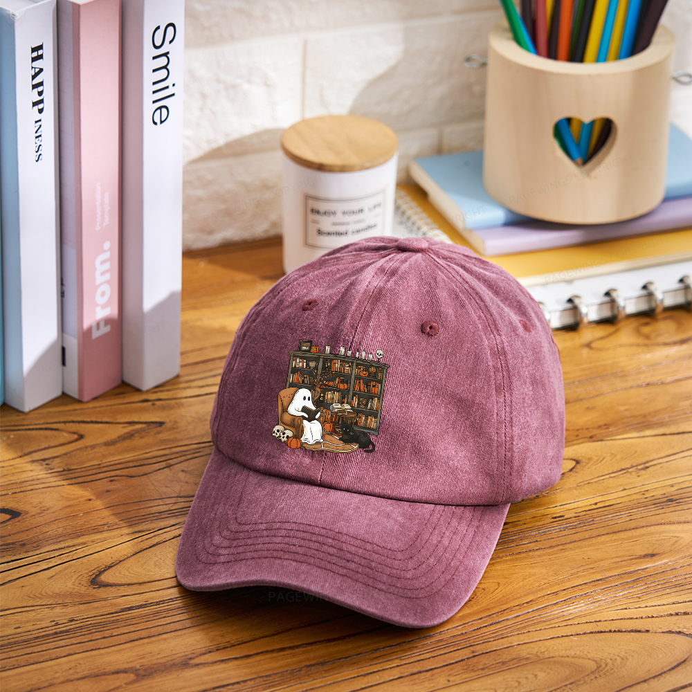 Pagewings Halloween Ghost Reading Books Washed Cap