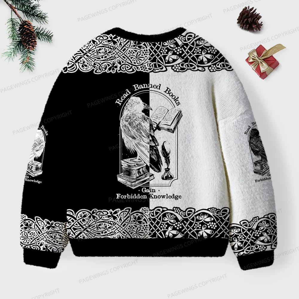 Pagewings Read Banned Books Gain Forbidden Knowledge Unisex Ugly Knit Sweatshirt
