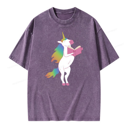 Pagewings Beautiful Unicorn Reading Books on Women's Cropped Unisex Washed T-shirt
