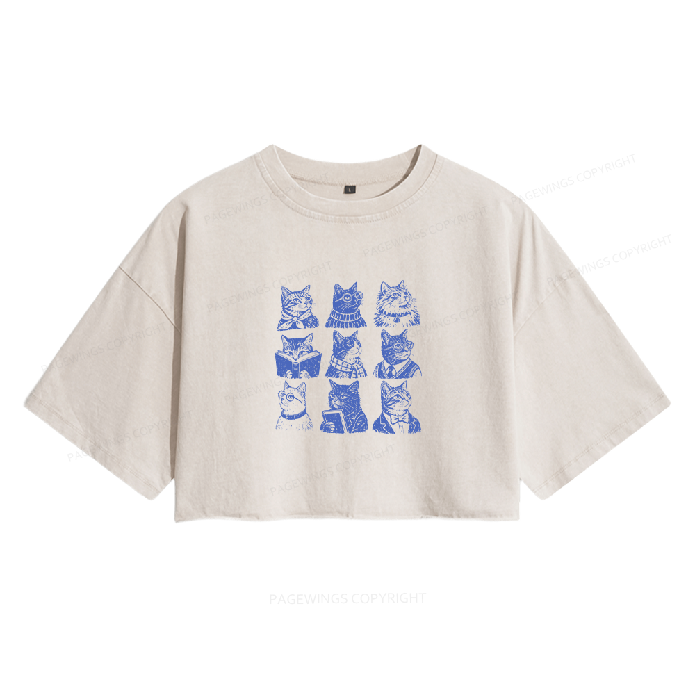 Pagewings Bookish Cats Women's Washed Cropped T-shirt