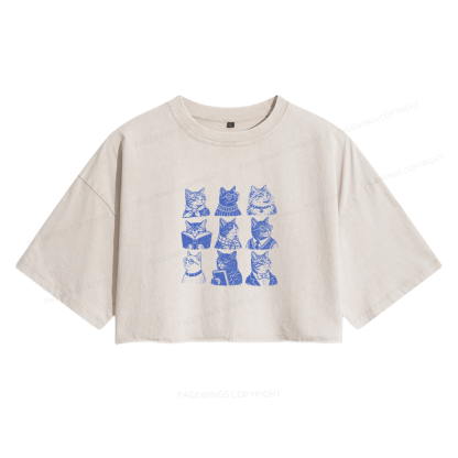 Pagewings Bookish Cats Women's Washed Cropped T-shirt