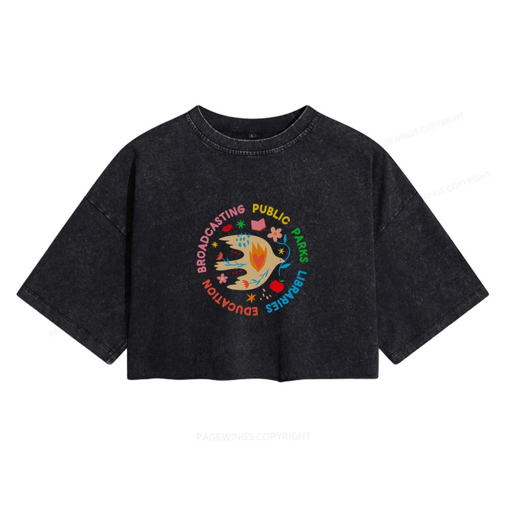 Pagewings Public Parks Libraries Education Broadcasting Women's Washed Cropped T-shirt