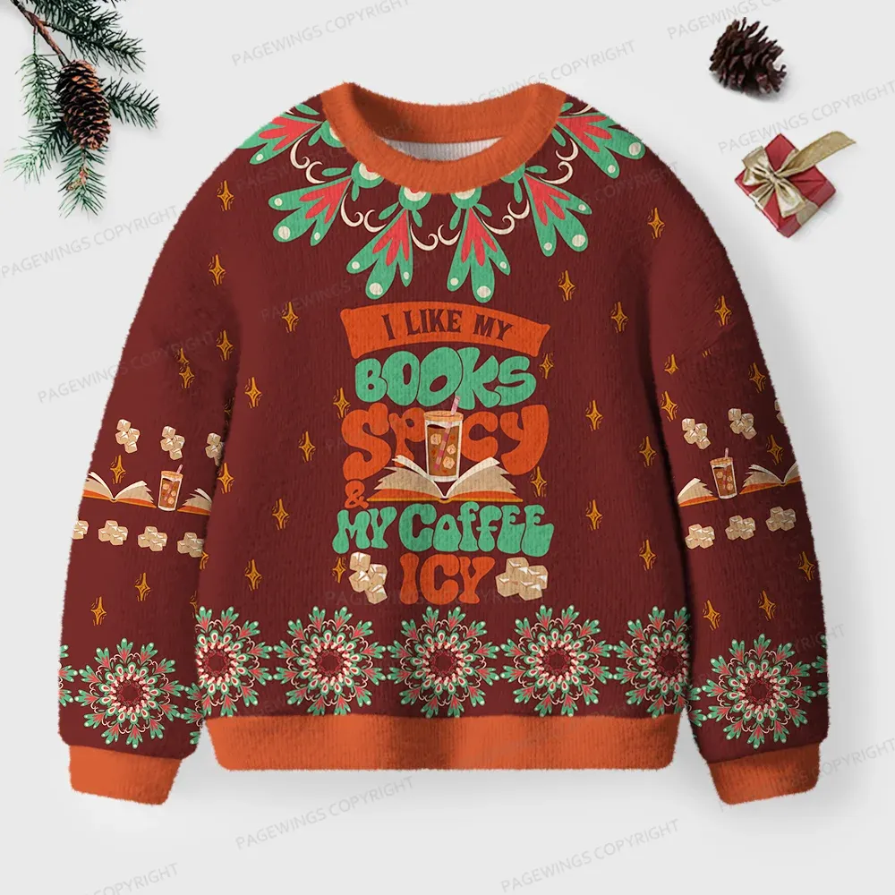 Pagewings I Like My Books Spicy My Coffee Icy Unisex Ugly Knit Sweatshirt