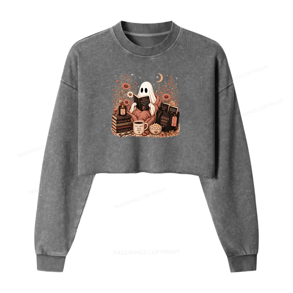 Pagewings Smut Reading Ghost Washed Crop Sweatshirt