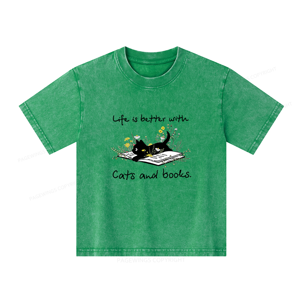Pagewings Life Is Better With Cats And Books Unisex Kids Washed T-shirt