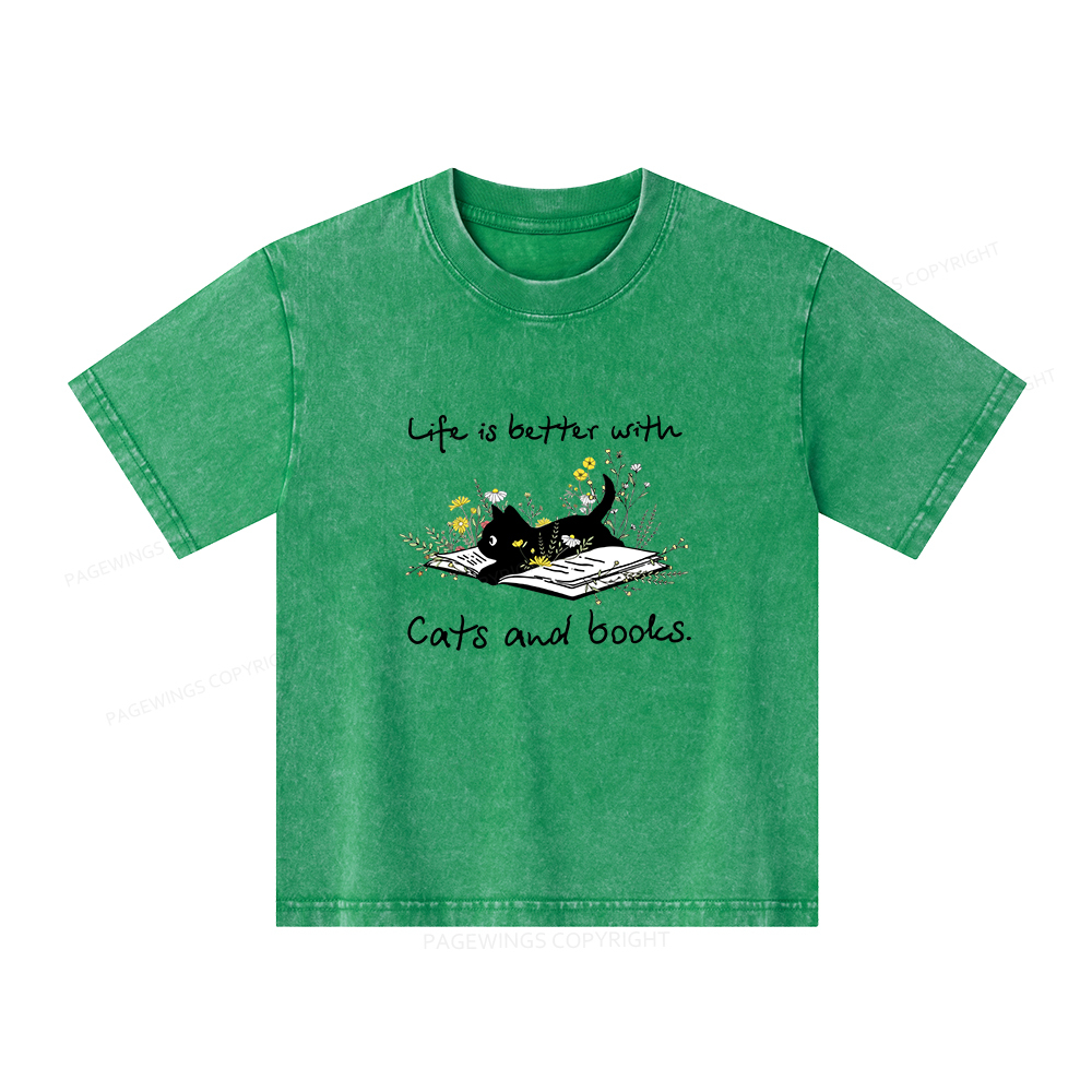 Pagewings Life Is Better With Cats And Books Unisex Kids Washed T-shirt