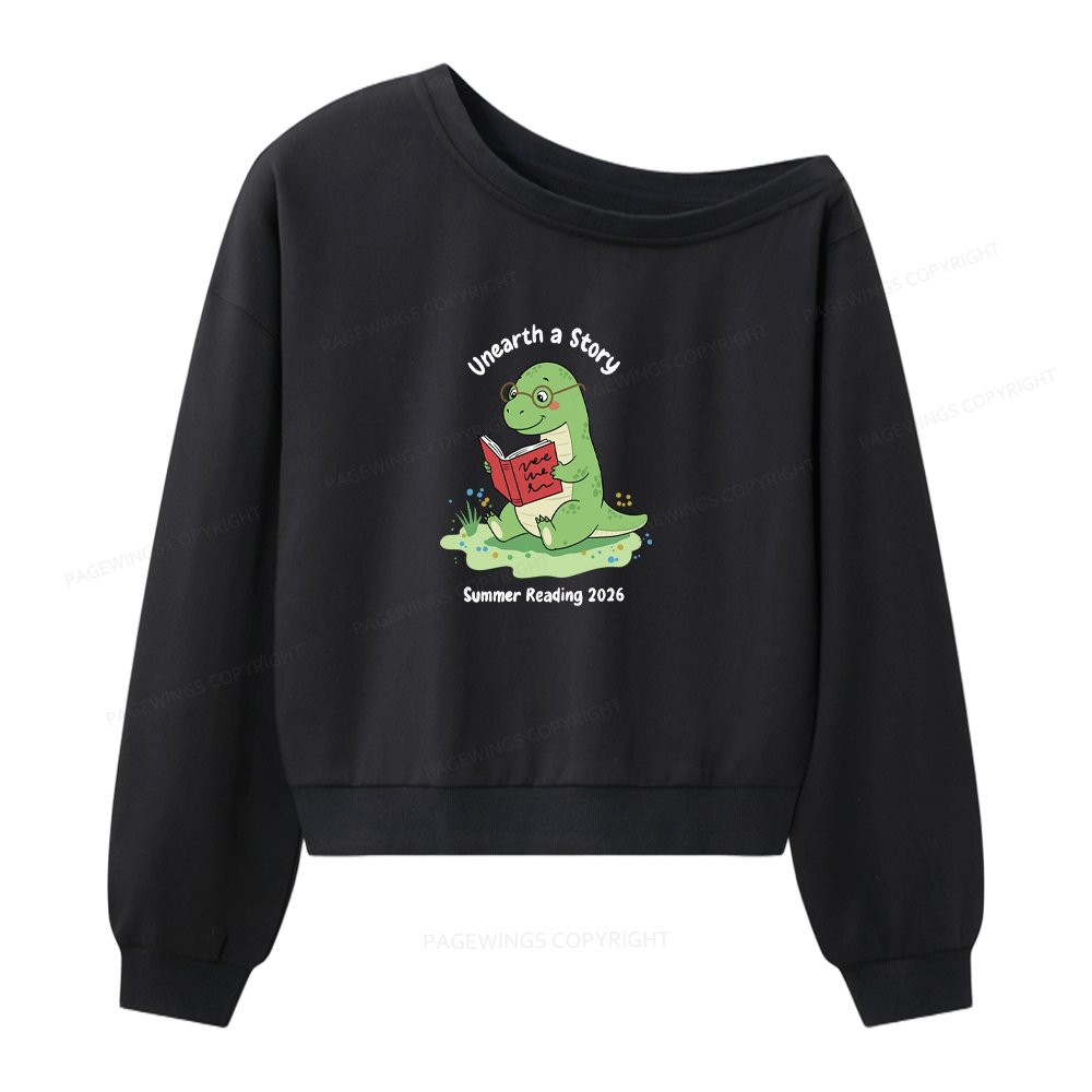 Pagewings Unearth A Story Dinosaur Summer Reading Women Off Shoulder Sweatshirt