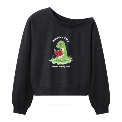 Pagewings Unearth A Story Dinosaur Summer Reading Women Off Shoulder Sweatshirt