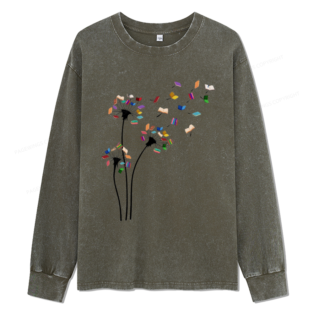 Pagewings Cute Dandelion Books Flower Fly Unisex Washed Long Sleeve T-shirt