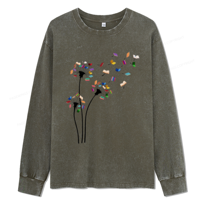 Pagewings Cute Dandelion Books Flower Fly Unisex Washed Long Sleeve T-shirt