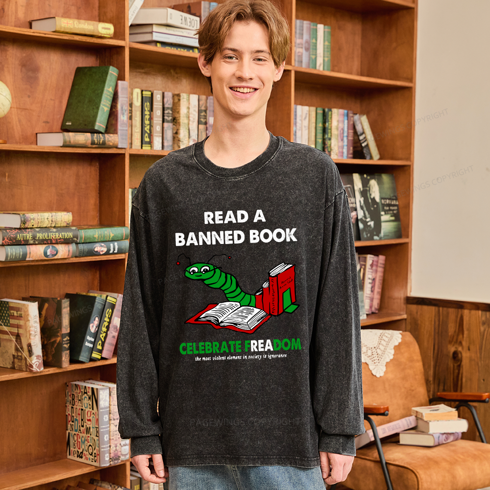 Pagewings Read A Banned Book Unisex Washed Long Sleeve T-shirt