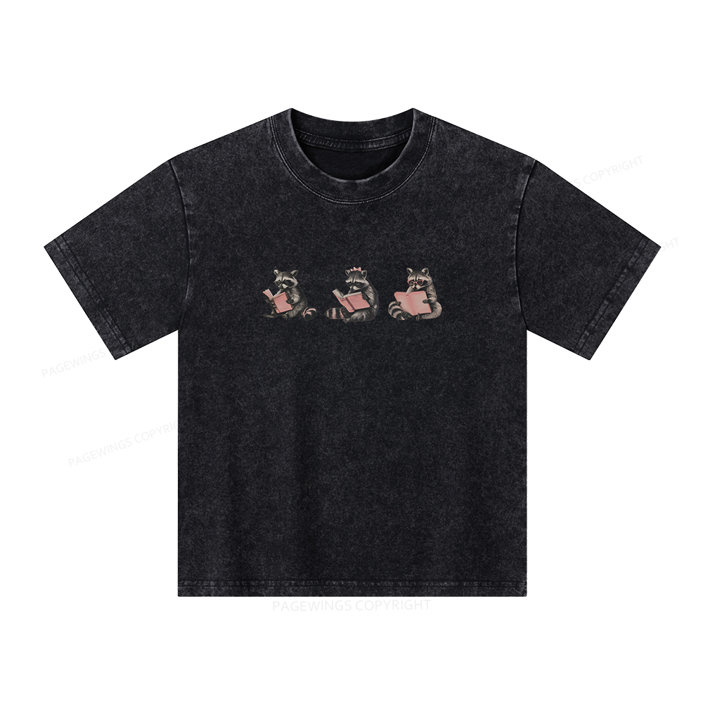 Pagewings Funny Raccoon Bookish Gift Unisex Kids Washed T-shirt