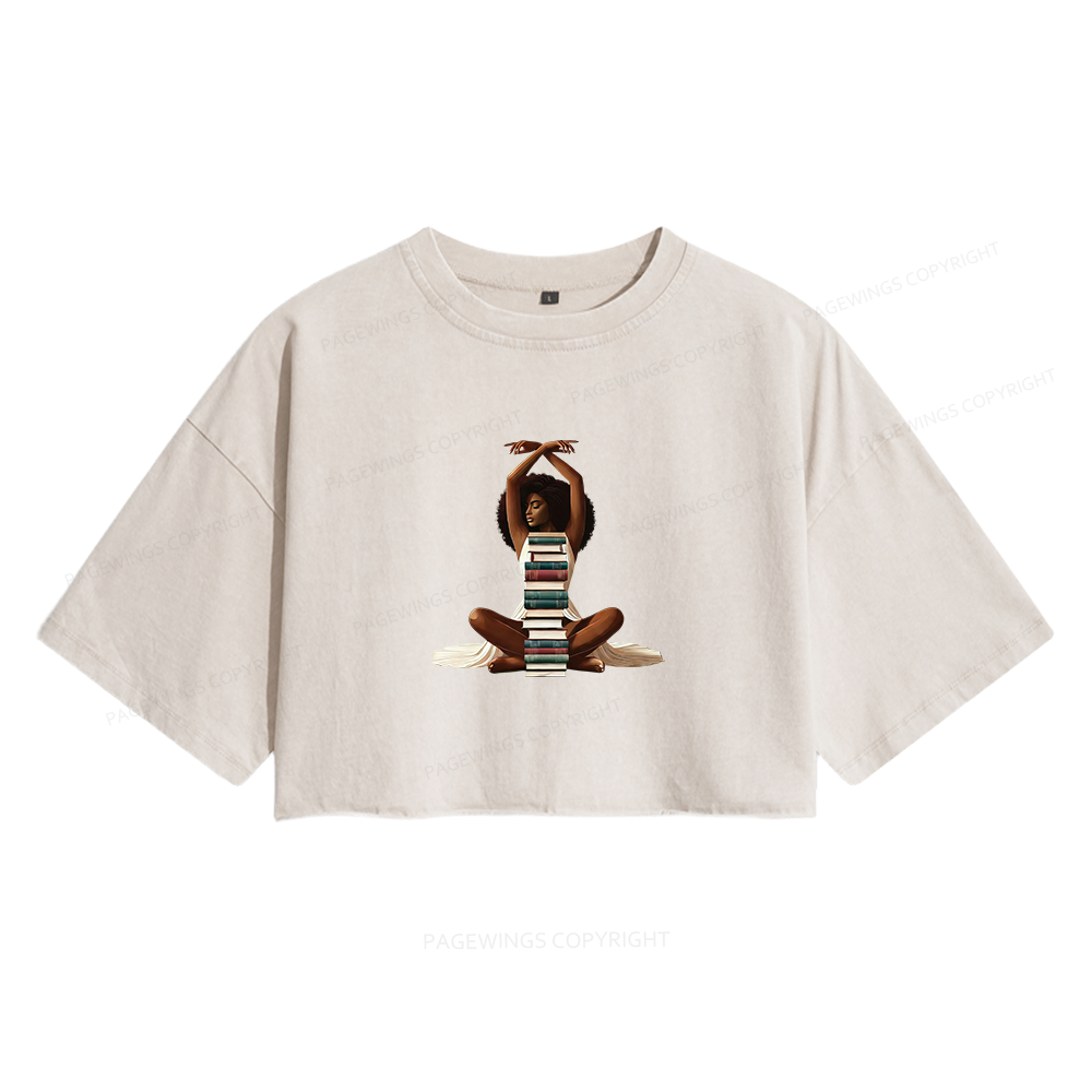 Pagewings Black Girl Reading Women's Washed Cropped T-shirt