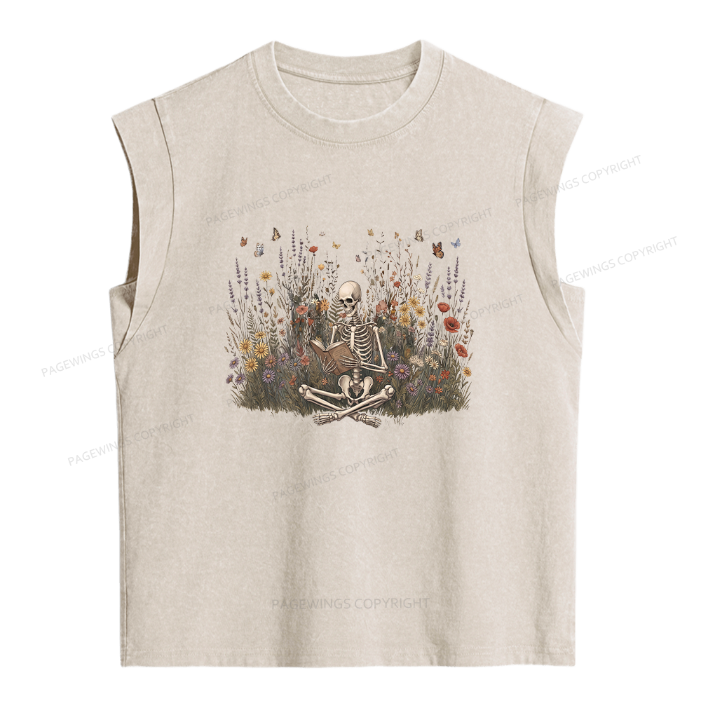 Pagewings Skeleton Reading Book Women's Washed Tank Top