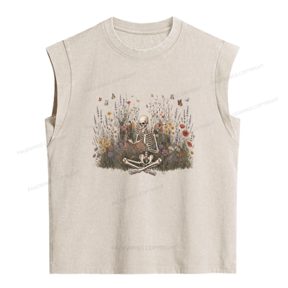 Pagewings Skeleton Reading Book Women's Washed Tank Top
