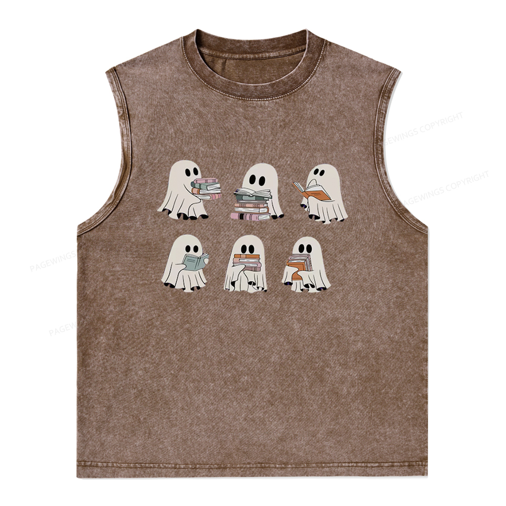 Pagewings Ghost Reading Halloween Unisex Washed Tank Top
