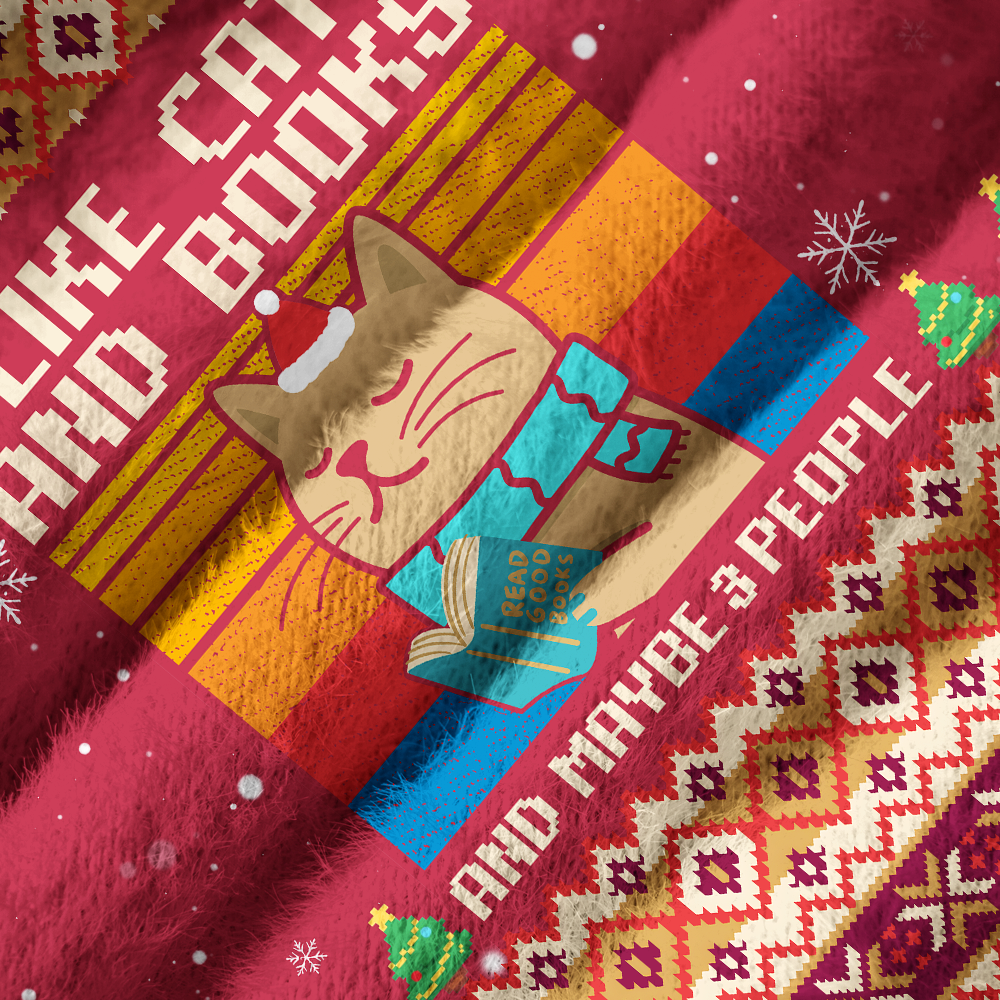 Pagewings Cat Book Introvert Holiday Off Shoulder Ugly Knit Sweater