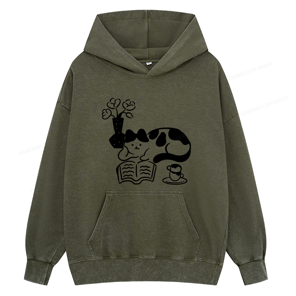 Pagewings The Cat Who Loves Reading Unisex Washed Hoodie