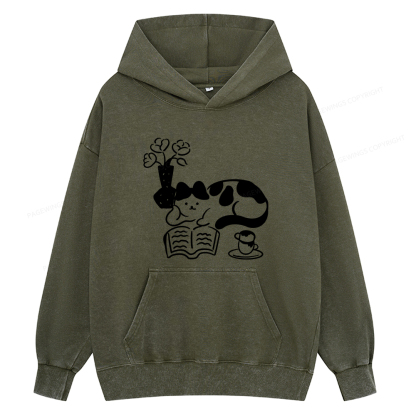 Pagewings The Cat Who Loves Reading Unisex Washed Hoodie