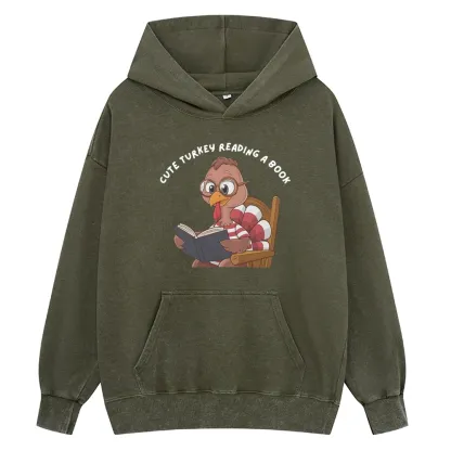 Pagewings Thanksgiving Turkey Reading A Book Unisex Washed Hoodie