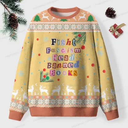 Pagewings Fight Fascism Read Banned Books Unisex Ugly Knit Sweatshirt