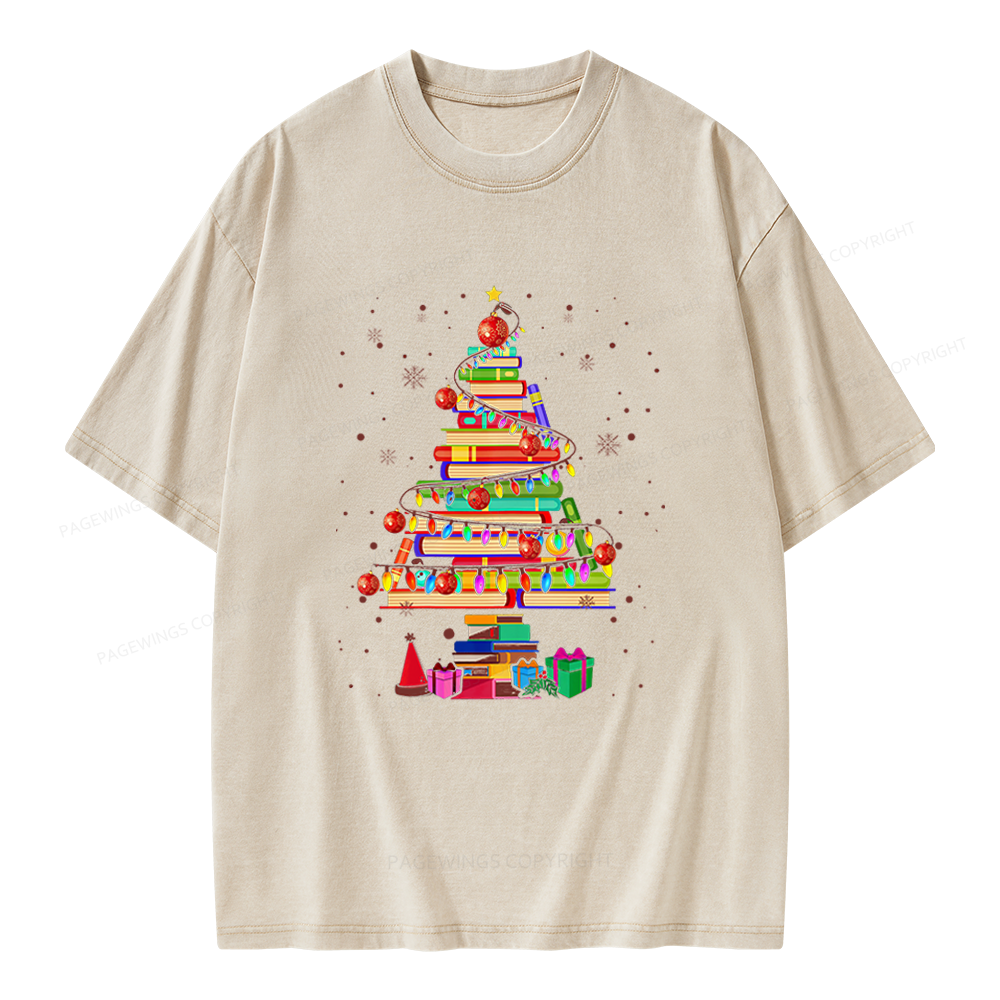 Pagewings Merry Christmas Library Tree Unisex Washed T-shirt