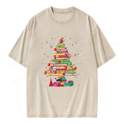 Pagewings Merry Christmas Library Tree Unisex Washed T-shirt