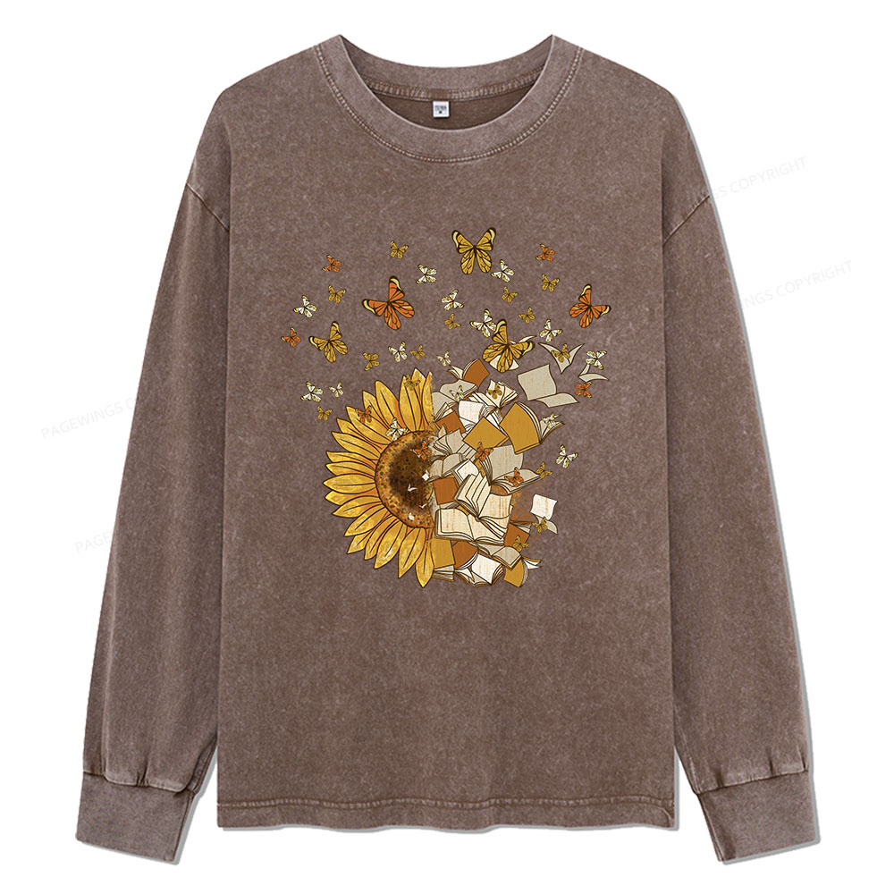 Pagewings Sunflower And Book Harmony Unisex Washed Long Sleeve T-shirt