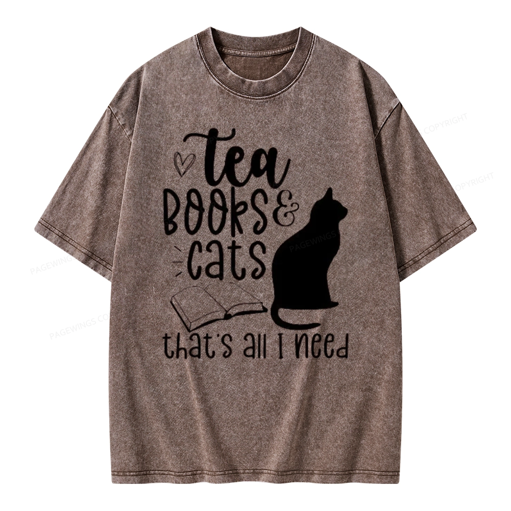 Pagewings Tea Books Cats That's All I Need Unisex Washed T-shirt