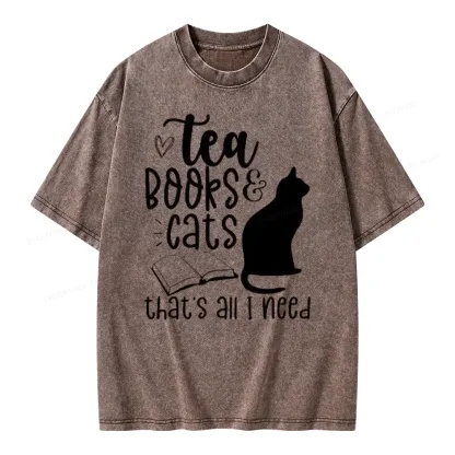 Pagewings Tea Books Cats That's All I Need Unisex Washed T-shirt