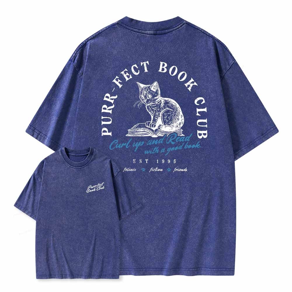 Pagewings  Book Club T-shirt For Cat Lovers Unisex Washed T-shirt