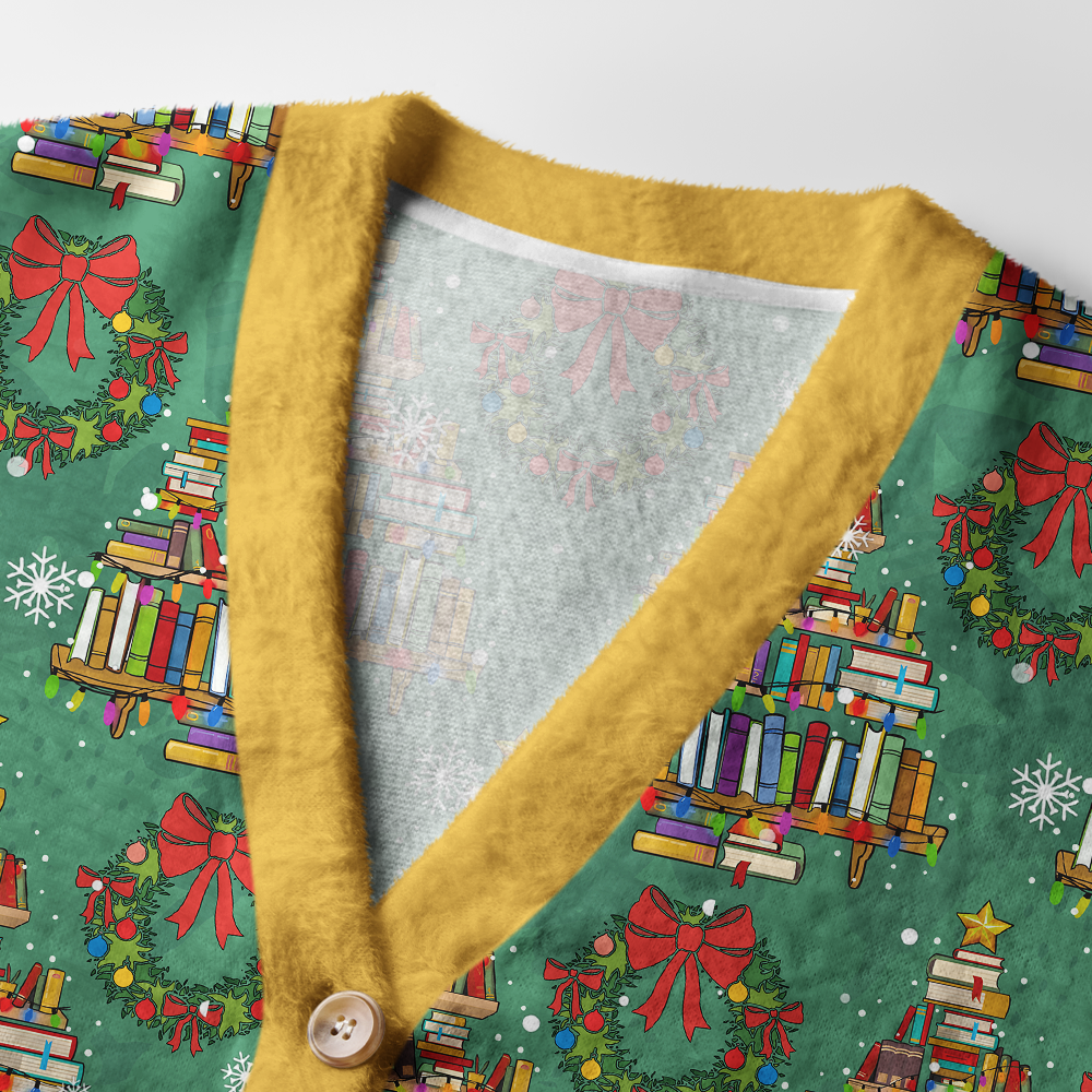 Pagewings Christmas Book Tree Light Knit Unisex Cardigan Sweaters