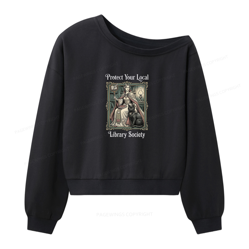 Pagewings Defend Your Local Public Library Women Off Shoulder Sweatshirt