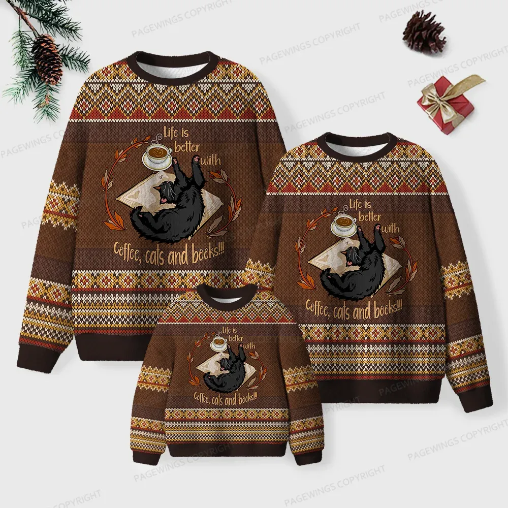 Pagewings Life Is Better With Coffee Cats And Books Unisex Ugly Knit Sweatshirt