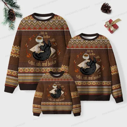Pagewings Life Is Better With Coffee Cats And Books Unisex Ugly Knit Sweatshirt