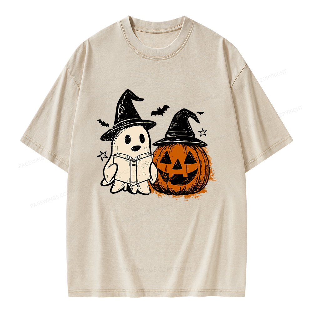 Pagewings Spooky Ghost Pumpkin Halloween Unisex Washed T-shirt