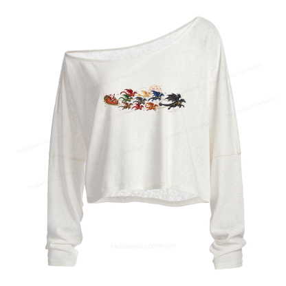 Pagewings Christmas Dragon Bookish Slouchy Long Sleeve Off Shoulder T-shirt