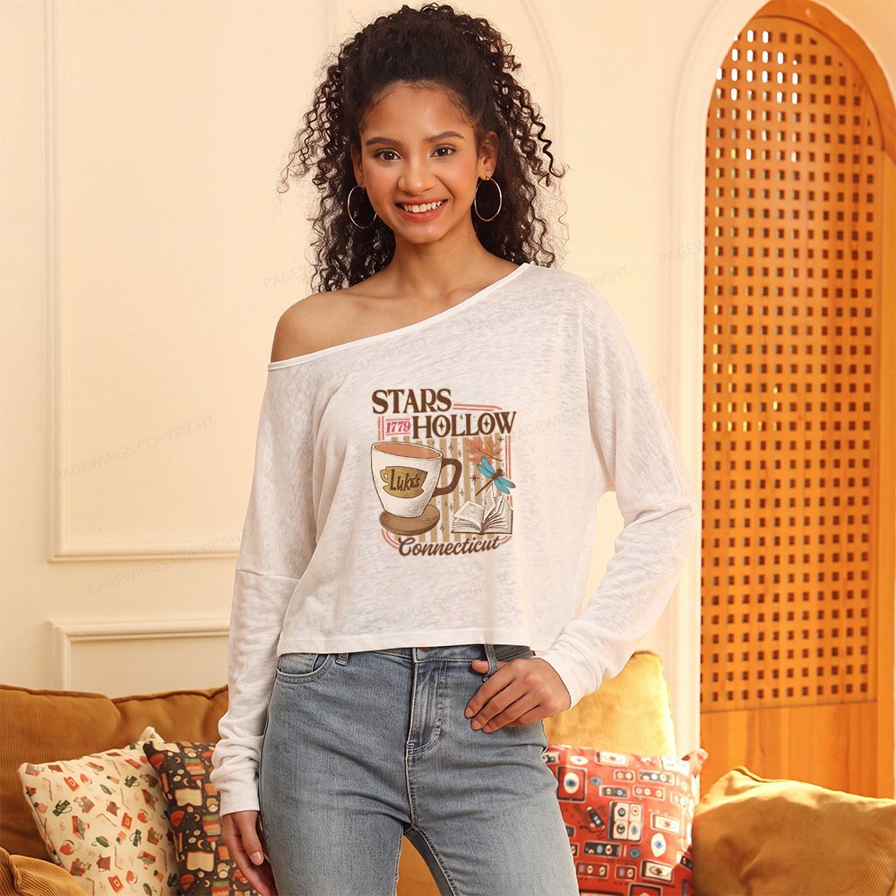 Pagewings Stars Hollow Slouchy Long Sleeve Off Shoulder T-shirt