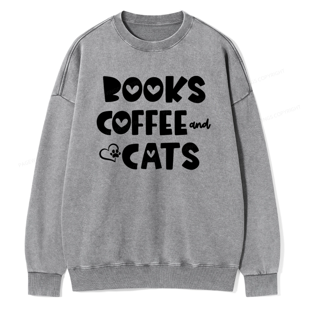 Pagewing Books Coffee and Cats Unisex Washed Sweatshirt